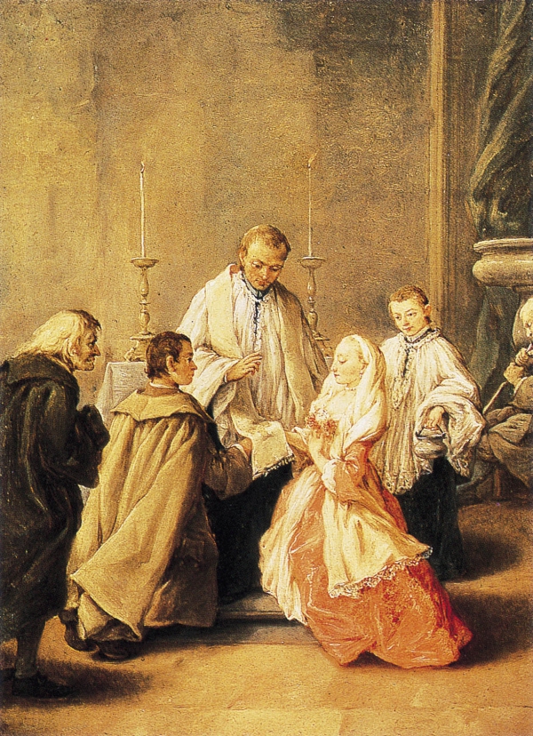 《婚礼》,描绘一对新人在教堂举行婚礼的情景(18世纪意大利画家皮也