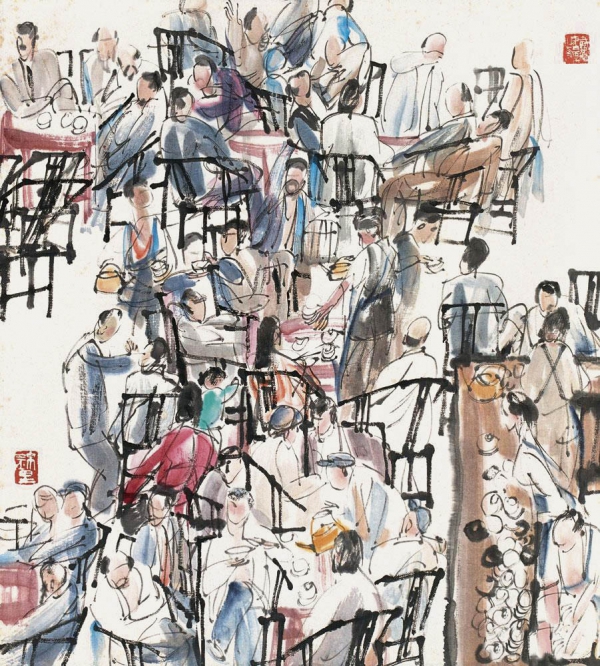 著名国画家戴卫作品:《西蜀风情之一&middot;四川茶馆》